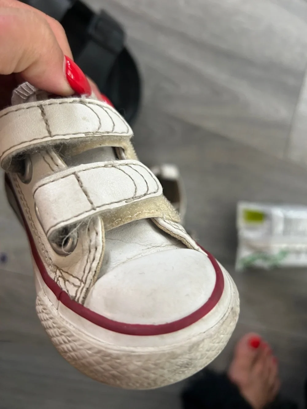 Converse Kids White Sneakers with Red Trim Velcro